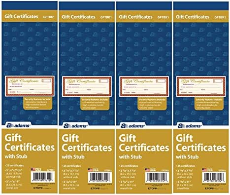Adams 1-Part Gift Certificates with Stub 3-1/4" x 7-13/16", (4)