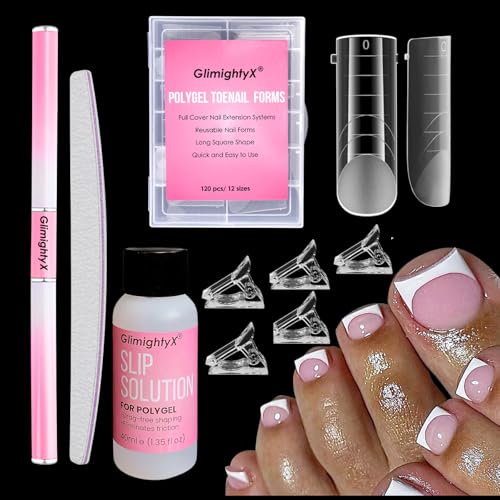 Polygel Nail Forms Kit for Toes Square Polygel Toenails Dual Forms Reusable with 1.35oz Nail Slip Solution Anti-Stick,with Dual-Ended Brush,Nail File and Nail Clips,12 Sizes 120Pcs