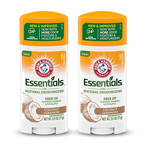 ARM & HAMMER Essentials Deodorant - Made with Natural Deodorizers - Coconut Geranium - Free From Aluminum, Parabens & Phthalates, 2.5 oz (Pack of 2)