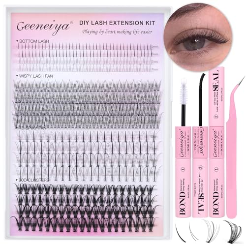 Geeneiya Lash Clusters Kit Individual Lash Extension Kit DIY Multi-type D Curl Cluster Eyelash Extension Kit with Bottom Lashes, Waterproof Lash Bond and Seal Glue, Lash Tweezers (30D, 480PCS)