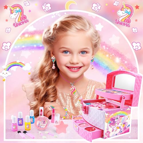 Toys for Girls,Kids-Makeup-Kit for-Girl-Toys for 3 4 5 6 7 8 9 10 11 12 Year Old Girls,Washable Princess-Dresses-for-Girls Pretend Makeup Set for Toddlers,Christmas-Birthday-Gifts-Ideas-Toys Age 4 6 8