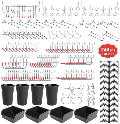 240PCS Pegboard Hooks Assortment, Pegboard Accessories Organizer Kit with Pegboard Bins, Pegboard Cups, 1/8 and 1/4 inch Peg Board Hooks for Hanging Tools, Garage Pegboard Wall Organization