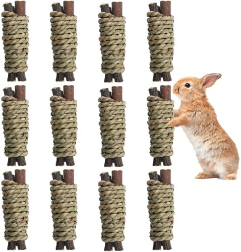 Fhiny 12 PCS Guinea Pigs Chew Toys, Natural Apple Branch Seagrass Molar Sticks for Teeth Bunny Chew Toys Cage Accessories for Guinea Pigs Rabbit Bunny Hamster Chinchilla