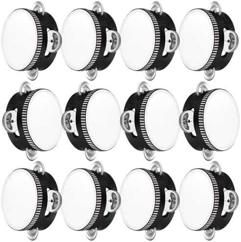 12 Pcs Wedding Tambourine Drum for Adults Hand Held Percussion Gift Wood Metal Jingles Musical Educational Drum Instrument for Church Wedding Party Games(Black,4 Inch)