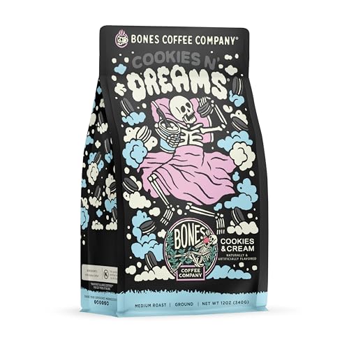 Bones Coffee Company Cookies 'N Dreams Flavored Coffee Beans, Medium Roast Ground Coffee Low Acid, Cookies & Cream Flavor (12 oz)
