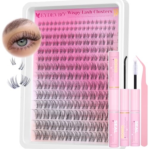 EYDEVRO Natural Lash Clusters Kit Natural Eyelash Clusters with Bottom Lashes Invisible Band Lash Extension Kit 8-16mm Clear Band Eyelash Extension Kit with Waterproof Lash Bond and Seal Lash Tweezers
