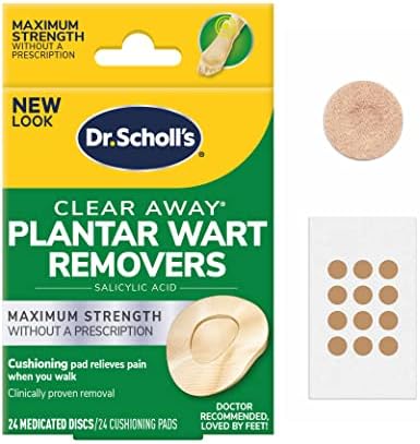 Dr. Scholl's Clear Away Plantar WART Remover // 24 Discs/24 Cushions, Clinically Proven, Maximum Strength Without a Prescription, Cushioning Pad Relieves Pain, 24 Treatments