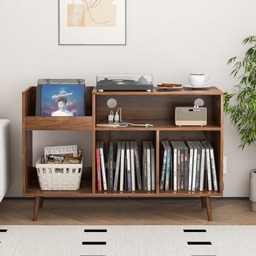Record Player Stand with Charging Station & USB Ports, Mid-Century Turntable Stand Table Holds Up to 300 Albums, Vinyl Record Storage Cabinet with Wood Legs for Living Room Office(Walnut)