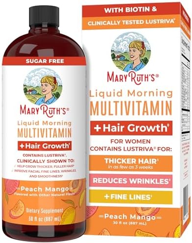 MaryRuth's Liquid Multivitamin + Lustriva® Hair Growth for Women| Biotin 10000mcg | Vitamin D | B Vitamins | Clinically Tested for Thicker Hair, Wrinkles, Fine Lines, Skin Care | Ages 18+ | 30 Fl Oz