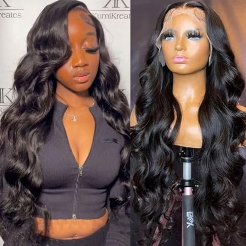 Lemoda Pre-Bleached Knots Full 13x6 Lace Frontal Virgin Human Hair Wigs Body Wave 12A 13x6 HD Transparent Lace Front Wig Invisible Lace Tiny Knots 18Inch Natural Black