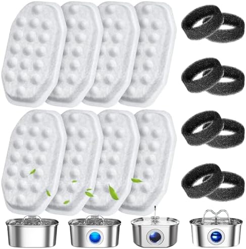 16 Pack Cat Water Fountain Filters Replacement & Pre-Filter Sponges for 108oz/3.2 Stainless Steel Pet Water Fountain with Water Level Window