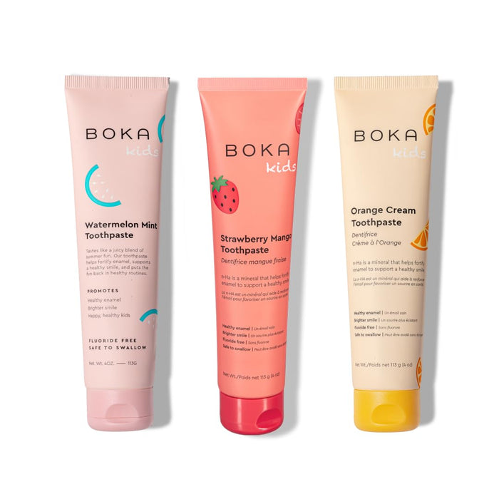 Boka Fluoride Free Toothpaste Nano Hydroxyapatite, Helps Remineralize, Appropriate for Sensitive Teeth, Whitening-for Adult, Kids Oral Care-Orange Cream, Watermelon Mint, Strawberry Mango, 4oz 3Pk