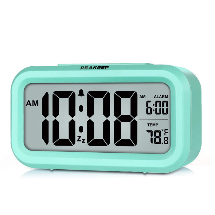 Peakeep Night Light Digital Alarm Clock Battery Operated with Indoor Temperature, Desk Small Clock (Mint)