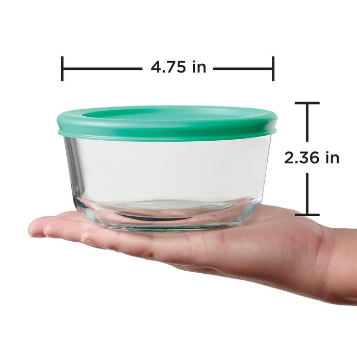 Anchor Hocking 2 Cup Glass Storage Containers with Lids, Set of 4 Glass Food Storage Containers with Mint SnugFit Lids