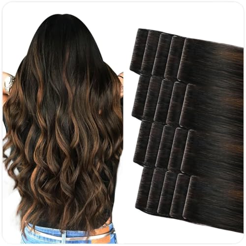 SUYYA Invisible Tape in Hair Extensions Human Hair Seamless Injected Hand-Tied Pro Virgin Human Hair Tape Ins Balayage Natural Black to Chestnut Brown 20PCS 50G/Pack Straight(22 inch #P1B/6/T1B)