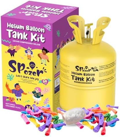 Portable Helium Tank for Balloons at Home, 13L Helium Tank for Up to 50 Latex Balloons, Helium Balloon Pump Kit with 50 Latex Balloons and Ribbons, For Birthday Parties, Weddings, and Events