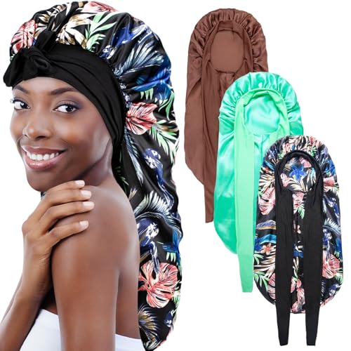3Pcs Bonnets for Black Women Braid Bonnet, Large Long Satin Bonnet for Braids, Black Women Satin Silk Bonnet with Stretchy Tie Band Sleep Bonnet Cap for Long Curly Hair (Green & Black Pattern & Brown)