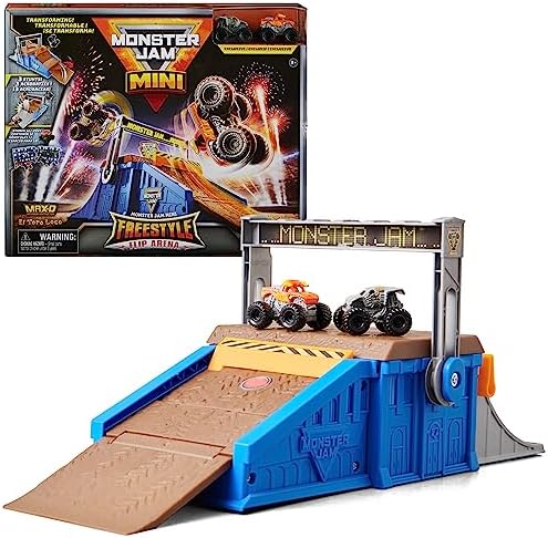 Monster Jam Mini Freestyle Flip Arena Playset and Storage with 2 Mini Monster Jam Trucks, Kids Toys for Boys and Girls Ages 3 and up