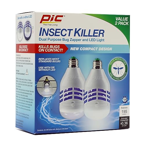 PIC LED Bug Zapper Light Bulb, Compact Mosquito Zapper, Electric Insect Killer, White, Fit Standard Bulb Socket, Kills Bug on Contact, Bug Catcher for Home, 2 Pack