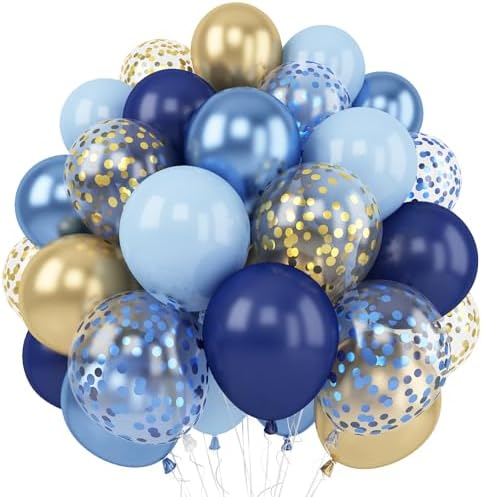 Navy Blue Gold Balloon, 60 Packs 12 Inch Metallic Blue and Macaron Blue Balloons with Metallic Gold Confetti Balloons for Birthday Party Decorations, Wedding, Bridal Shower, Baby Shower, Graduate