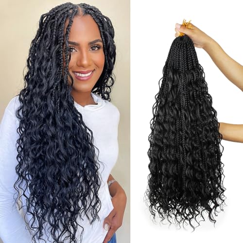 9 Packs Boho Box Braids Crochet Hair 18 Inch Goddess Box Braids Crochet Hair With Curly Ends Synthetic Bohemian Braids Hair Extension For Women (18inch, 1b)