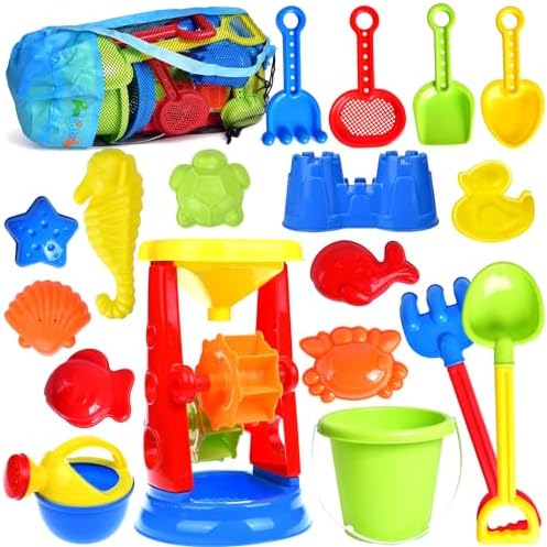 Beach Toys, 19 Piece Sand Toys Set Kids Sandbox Toys Includes Water Wheel Beach Tool Kit Bucket Watering Can Molds Sand Toys Mesh Bag for Travel, Beach Toys for Kids Ages 3-13