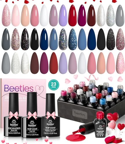 Beetles 23Pcs Gel Nail Polish Set with 3Pcs Base Matte Glossy Top Coat, Nude Gray Pink Blue Burgundy Glitter Gel Polish Kit Modern Muse Kit, Soak off Uv Gel Valentines Day Gift for Women