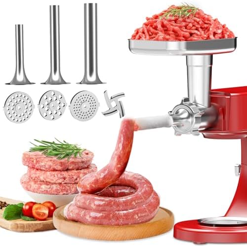 Stainless Steel Food Meat Grinder Attachments for Kitchenaid Stand Mixers, Food Grinder Attachment with 4 Blades and 3 Differ Sizes of Sausage Stuffer Tubes- Dishwasher Safe