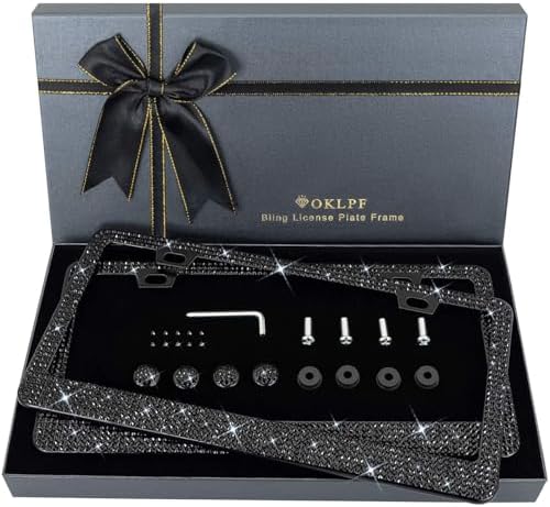 OKLPF Bling License Plate Frame for Women, 2PCS Sparkly License Plate Frames| Over 1200 pcs14 Facets Bedazzled Clear Glass Diamond Rhinestone Crystals w/Free Glitter Diamond Box (Black)
