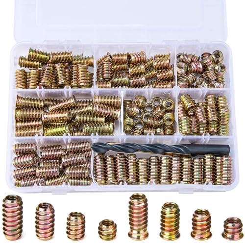 200 Pcs 1/4 "- 20 Wood Bolt Inserts Metal Nut Inserts - Hex Socket Drive Metric Bolt Assortment, Threaded Screws Fastener Connector for Furniture Replacement Parts (1/4"-20 Mixed Set)