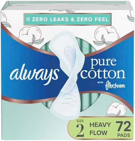 Pure Cotton, Feminine Pads for Women, Size 2 Heavy Flow Absorbency, Multipack, with Flexfoam, with Wings, Unscented, 24 Count x 3 Packs (72 Count Total)