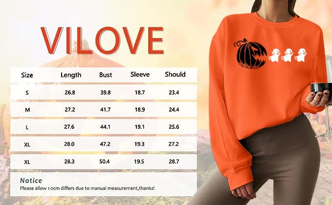 VILOVE Womens Halloween Pumpkin Sweatshirts Loose Graphic Crewneck Long Sleeve Casual Pullover Shirt Tops Gray