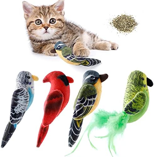Dorakitten Cat Catnip Toys Interactive Cats 4pcs Kitten Plush Nip Chew Bird Toy with Crinkle Paper Pet Best Treats Stuffed Pillow Cute Teething Play Gifts Soft Kick Sound Supplies for Indoor Kitty