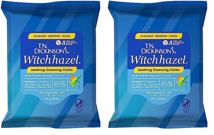 T.N. Dickinson's Witch Hazel New Soothing MultiUse Cleansing Cloth, Clear, 25 Count (Pack of 2)