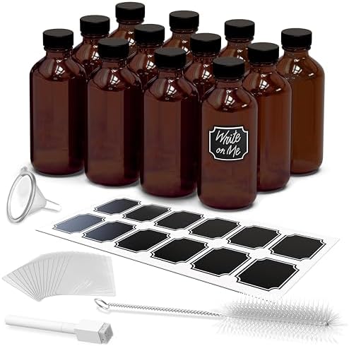 Nevlers 12PK 8 Oz Glass Bottles with Caps |Leakproof Amber Glass Bottle Set With Shrink Wrap, Funnel, Brush & Bonus Labels| Dark Glass Bottles for Oil | Vanilla Extract Bottles | Glass Medicine Bottle