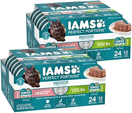 IAMS PERFECT PORTIONS Indoor Adult Grain Free* Wet Cat Food Pate Variety Pack, Salmon Recipe and Turkey Recipe, 2.6 oz. Easy Peel Twin-Pack Trays 24 Count, (Pack of 2)