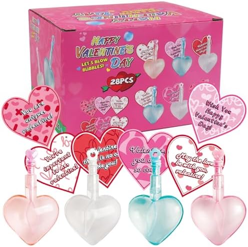 28Pcs Kids Valentines Day Gifts for Classroom - Valentine Cards with Heart Shape Bubble Wands Novelty Toys for Boys Girls Exchange Gifts, Party Favor Prizes, Valentine’s Greeting Gifts