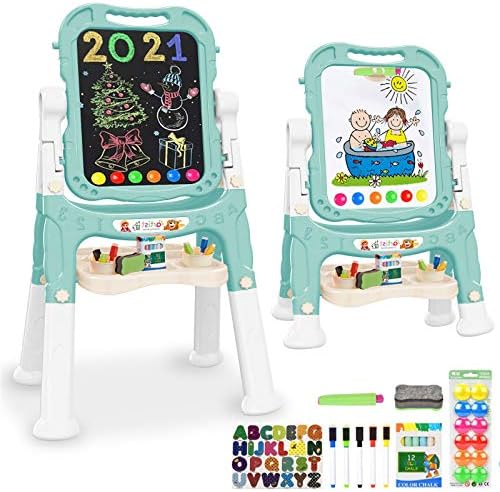 Easel for Kids,Rotatable Double Sided Easel for Kids Adjustable Standing Art Easel with Painting Accessories for Toddlers Boys and Girls-Green