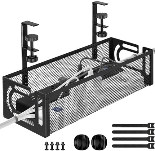 Under Desk Cable Management Tray, Cable Organizer, Cable Management Box, Cord Organizer for Desk, Under Desk Storage for Office Home - No Drill to Desk Cable Raceway