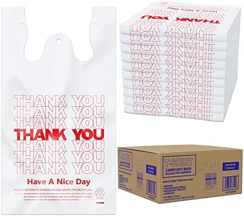 ACYPAPER, Thank You T-Shirt Bags (1000 Count), Plastic - T-Shirt Plastic Bags in Bulk - (11" x 6" x 21") White/Thank You - Bulk Shopping Bags, Restaurant Bag - 1/6 Barrel