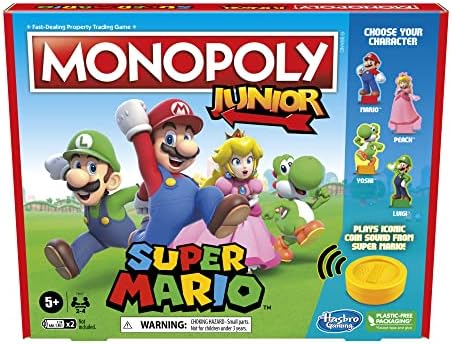 Monopoly Junior Super Mario Edition Board Game, Fun Kids' Ages 5 and Up, Explore The Mushroom Kingdom as Mario, Peach, Yoshi, or Luigi (Amazon Exclusive)