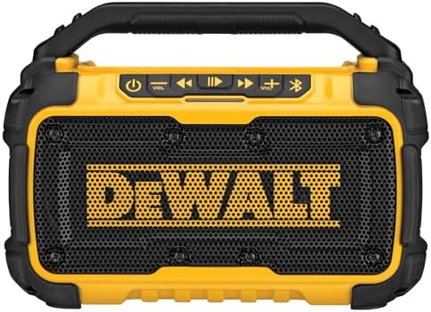 DEWALT 20V MAX Bluetooth Speaker, 100 ft Range, Durable for Jobsites, Phone Holder Included, Lasts 8-10 Hours with Single Charge (DCR010)