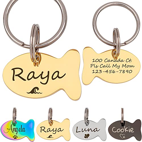 Anavia Cat Head & Fish Shape Pet ID Tags, Personalized Funny Icon Design Cat Name Tag, Customized Gold Plated Glossy Stainless Steel Black Rainbow Cat Dog Collar Tag (Small, Fish Shape, Gold)