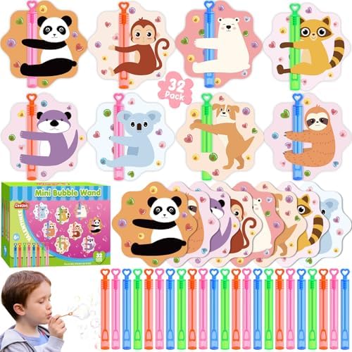 Valentines Day Gifts for Kids, 32 Pack Mini Bubble Wands with Valentines Animal Themes Greeting Cards for Kids, Valentine's Day Classroom Exchange Gift Set, School Prizes Party Favor
