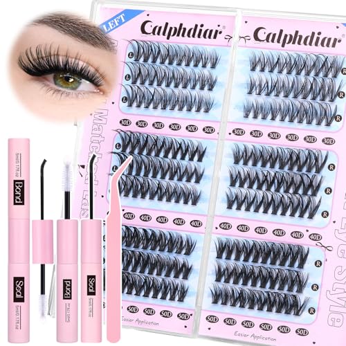 Wispy Lash Clusters Kit 30D 40D 50D Cluster Eyelash Extensions Cat Eye Lash Extension Kit D Curl Eyelash Clusters Kit 8-18mm Individual Lashes Kit Lash Bond and Seal Lash Tweezers for Lash Extensions