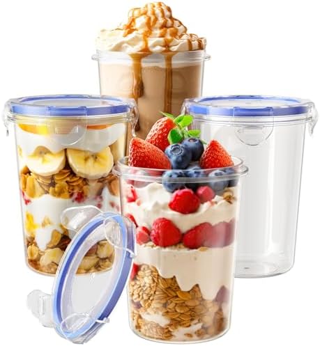 4 Pack Overnight Oats Containers with Lids, Oatmeal Container, 16oz Leak Proof Oats Jars, BPA Free, Reusable, Portable Plastic Food Storage Container for Oatmeal, Yogurt, Soup, Cereal, Milk and More