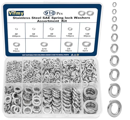 SAE Spring Lock Washers Assortment Kit(910 Pack), #4#6#8#10#12 1/4" 5/16" 3/8" 1/2" SAE Split Lock Washer Set, 304 Stainless Steel Lock Washers for Screws Bolts