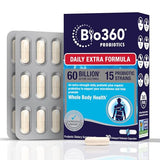 Bio360 Adult Daily Extra Strength Probiotic Supplement for Women and Men, 60 Billion CFU, 15 Diverse Strains, Organic Prebiotic Fibers, Occasional Constipation, Diarrhea Gas & Bloating, 30CT