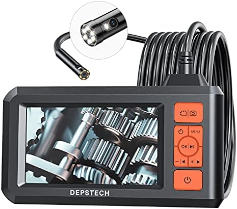 DEPSTECH Dual Lens Industrial Endoscope, 1080P Digital Borescope Inspection Camera, 7.9mm IP67 Waterproof Camera,Sewer Camera with 4.3" LCD Screen,7 LED Lights,16.5FT Semi-Rigid Cable,32GB Card-Orange