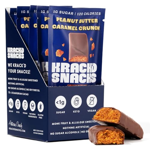 Krack’d Snacks Keto Milk Chocolate Snack Bars - Vegan, Low Carb, On-the-Go, Low Calorie Snack, Chocolate Candy with Peanut Butter & Caramel - Gluten Free, Sugar Free Candy Bars - (Milk Chocolate Peanut Butter Caramel Crunch, 5 Pk)
